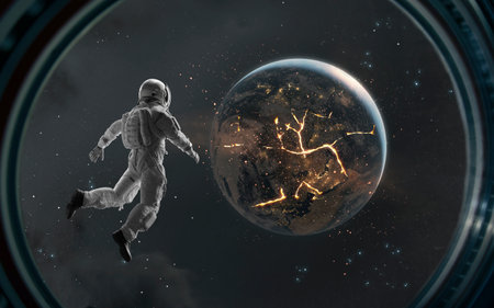 3D illustration of astronaut looking at burning Earth planet. Planet explosion. Science fiction 5K...