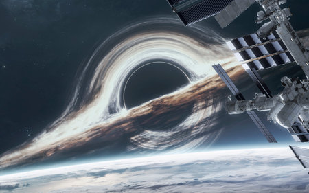 3D illustration of space station near Black hole. High quality digital space art in 5K - realistic...