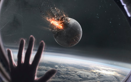 3D illustration of Moon exploding. High quality digital space art in 5K - realistic visualization