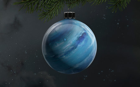 3D illustration of Neptune - Solar system planets as Christmas tree decoration ball. 5K realistic...
