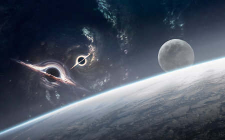 3D illustration of black holes near Earth planet. 5K realistic science fiction artの写真素材