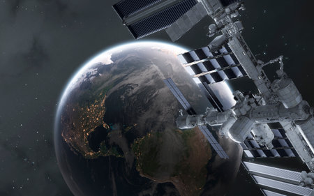 3D illustration of International space station near Earth. High quality digital space art in 5K -...
