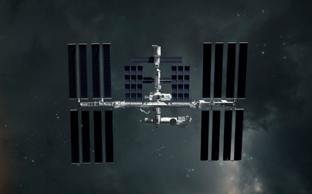 3D illustration of international space station, perfect for wallpapers of print. 5K realistic science fiction art.の写真素材