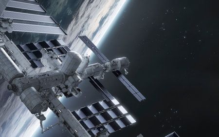 3D illustration of International space station near Earth. High quality digital space art in 5K -...