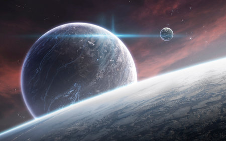 3D illustration of deep space planets. Science fiction 5K visualization. High quality render.