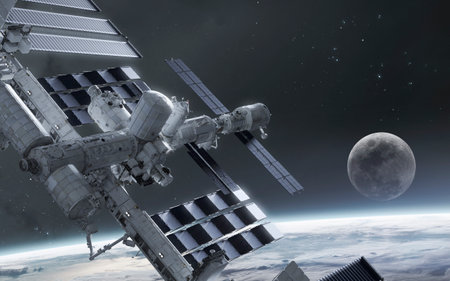 3D illustration of International space station near Earth. High quality digital space art in 5K -...
