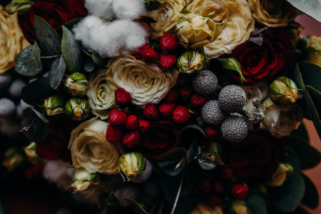 Wedding bouquet of roses and eucalyptus.の写真素材