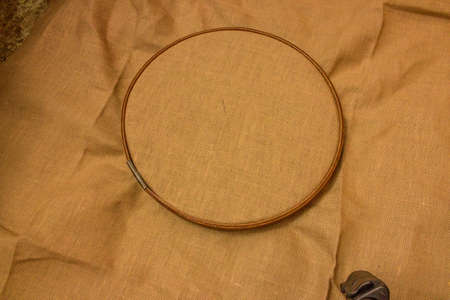 embroidery, brown uniform canvas and floss threadsの写真素材