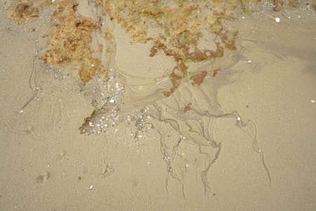Sand watermark and pebbles with rock.