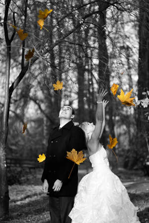 Happy bride and groom walking in the autumn park having fun with autumn yellow leaves.Young couple in loveの写真素材