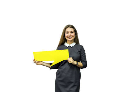 Woman in business dress holding a yellow plate in hand on a white isolated background.Businesswoman...
