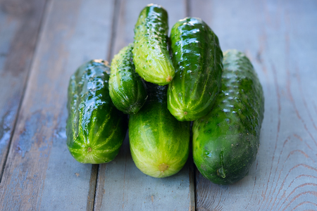 Photos of a pile of fresh picked cucumbers on wooden background.の写真素材