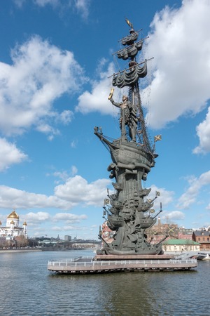MOSCOW, RUSSIA - March 23, 2017Spring Cityscape with Monument to Peter the Great. The monument was unveiled in 1997 by the project of Zurab Tseretelli to commemorate 300 anniversary of Russian Navyのeditorial素材