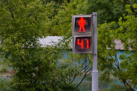 Pedestrian light traffic sign that shows red don't walk symbol and timerの写真素材