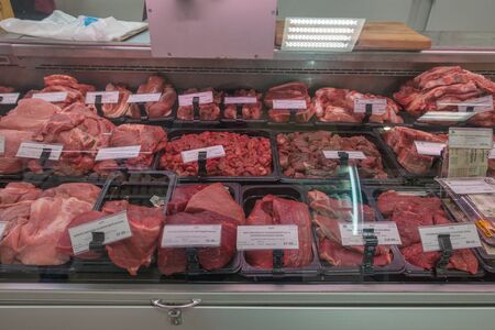 RUSSIA, MOSCOW, JUNE 13, 2017: Assortment of meat products in the store Myasnov Moscowのeditorial素材
