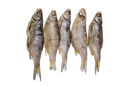 Five dried salted roach fish on a isolated white background. Caspian roach salted fishの写真素材