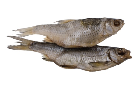 Two dried salted roach fish on a isolated white background. Caspian roach salted fishの写真素材