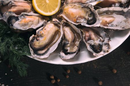 Oysters with lemon close-up. Fresh oystersの写真素材