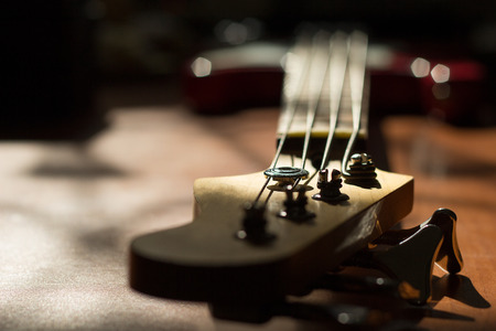 Strings on the neck of an electric guitar close-up