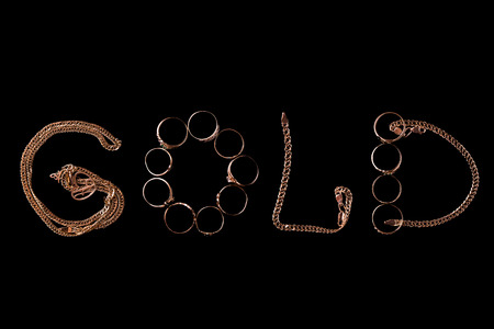 The word gold written with gold ornaments on a black background.