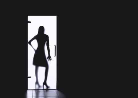 Silhouettes of a girl behind a glass door.の写真素材