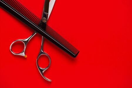 Professional hairdresser scissors and hairbrush on a red background.