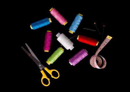 Colored threads for sewing. A set of tools for sewing.の写真素材