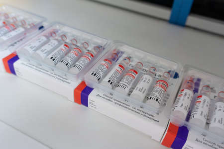 The vaccine Sputnik V from the coronovirus infection covid 19. August 12, 2021, Moscow, Russia.のeditorial素材