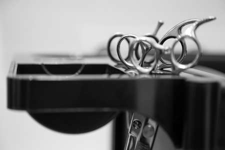 Barber scissors in a barber cart.の写真素材