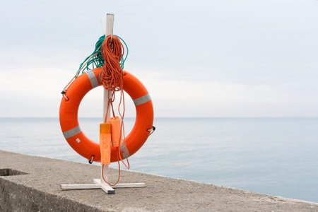 Lifebuoy on the background of the sea horizon.の写真素材