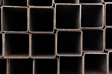 Metal profile pipe of rectangular cross section in packs at the warehouse of metal products.