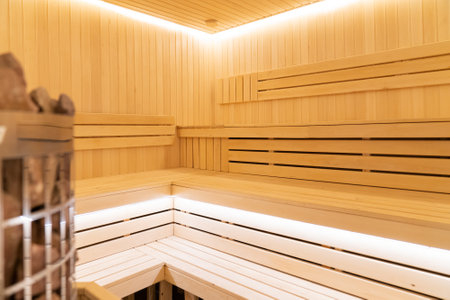 The interior of a wooden sauna.の写真素材