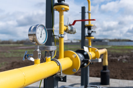 gas control equipment. natural gas supplies. yellow pipeline. Regulators and pressure reducers on gas pipelines. industrial equipment. Telemetry at the fuel company.の写真素材