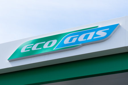 Krasnodar, Russia - April 21, 2023 Logo of the Russian company Gazprom and Ecogasのeditorial素材