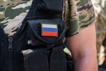 Russian military man with a Russian flag patch. Russian national flag, military chevron.の写真素材