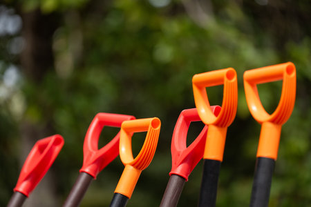 Garden shovel handles. Gardening concept. Set of plastic shovels.の写真素材