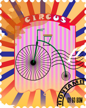 A postal stamp of a circus poster high bike on a multi-colored backgroundのイラスト素材