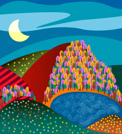rural cartoon landscape with fields under the moonのイラスト素材