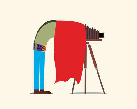 Old camera on a tripod. Photographer takes pictures. Vectorのイラスト素材