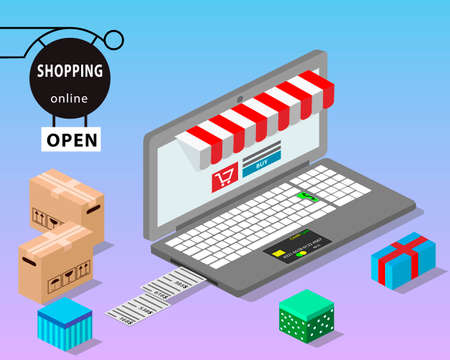 Modern isometric design. The concept of online shopping. A laptop in the form of a store and a shopping box after payment. Vector illustration.のイラスト素材