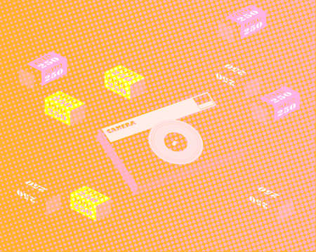 Abstract background with film camera and film in the package. The effect of illuminated film. Old film camera, film, and film in the package. Coarse-grained background. Vector. Vector illustration.のイラスト素材