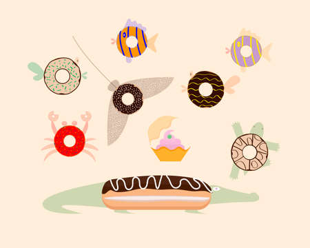 Fantasy. Donuts top view. Sea inhabitants. Vector illustrationのイラスト素材