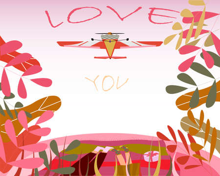 Postcard with an illustration of a couple in love. A man and a woman retired in a clearing in the forest. Nadpsi around flying aircraft - I love youのイラスト素材