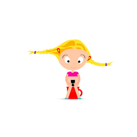 A little girl is sitting on a pot with a phone in her hands. Vector illustrationのイラスト素材