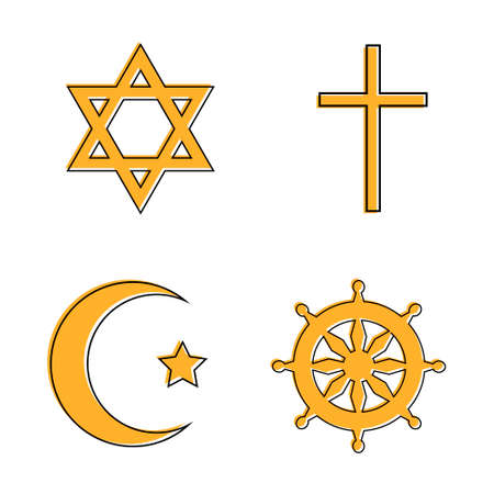 Set of religious signs: cross, crescent, wheel of Dharma, star of David. Vector illustrationのイラスト素材