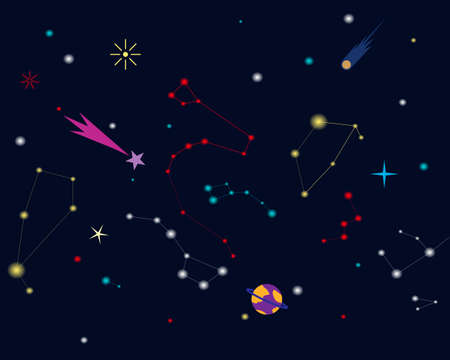 Cosmos illustration with constellations, stars and comets. Wind illustration