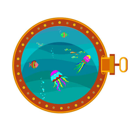 Porthole. View of the underwater world from the porthole. Isolated background. Vector illustrationのイラスト素材