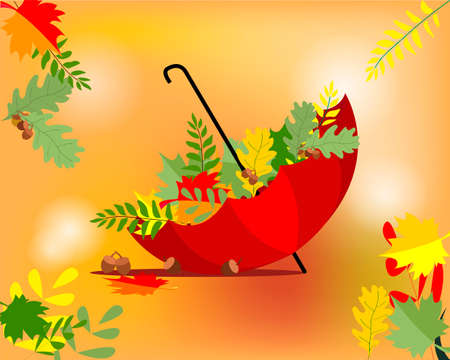 Autumn. Inverted bright umbrella filled with autumn foliage. Watercolor background. Vector illustrationのイラスト素材