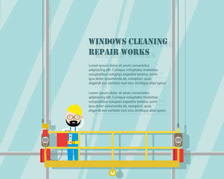 Cleaning the windows of a skyscraper. Carrying out repair work at height. Vector illustrationのイラスト素材
