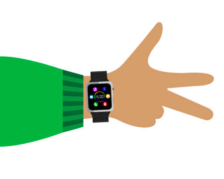 Color poster with the image of a smart watch on the hand of a teenager. Hand with spread fingers. Vector illustrationのイラスト素材